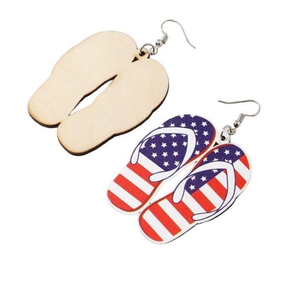 3 For $25 Patriotic Beach Style Classic Flip Flop Wooden Dangle Earrings - Picture 4 of 9